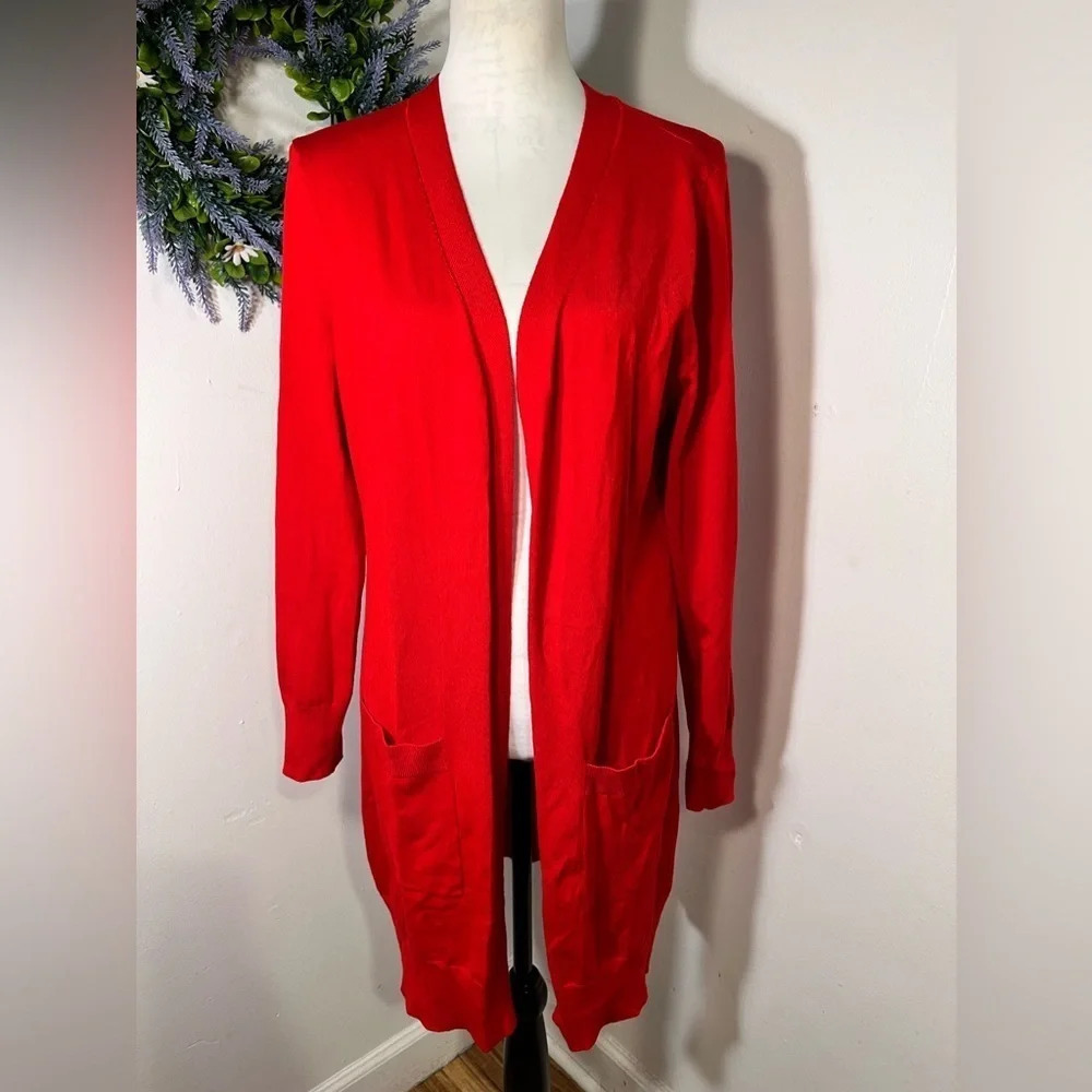 Folunsi, L, Red long length pocketed long sleeve, light weight, open‎ Cardigan.